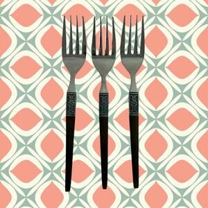 Ekco Eterna La Joya VTG Set 3 Salad Forks Stainless Steel Faux Wood Flatware
